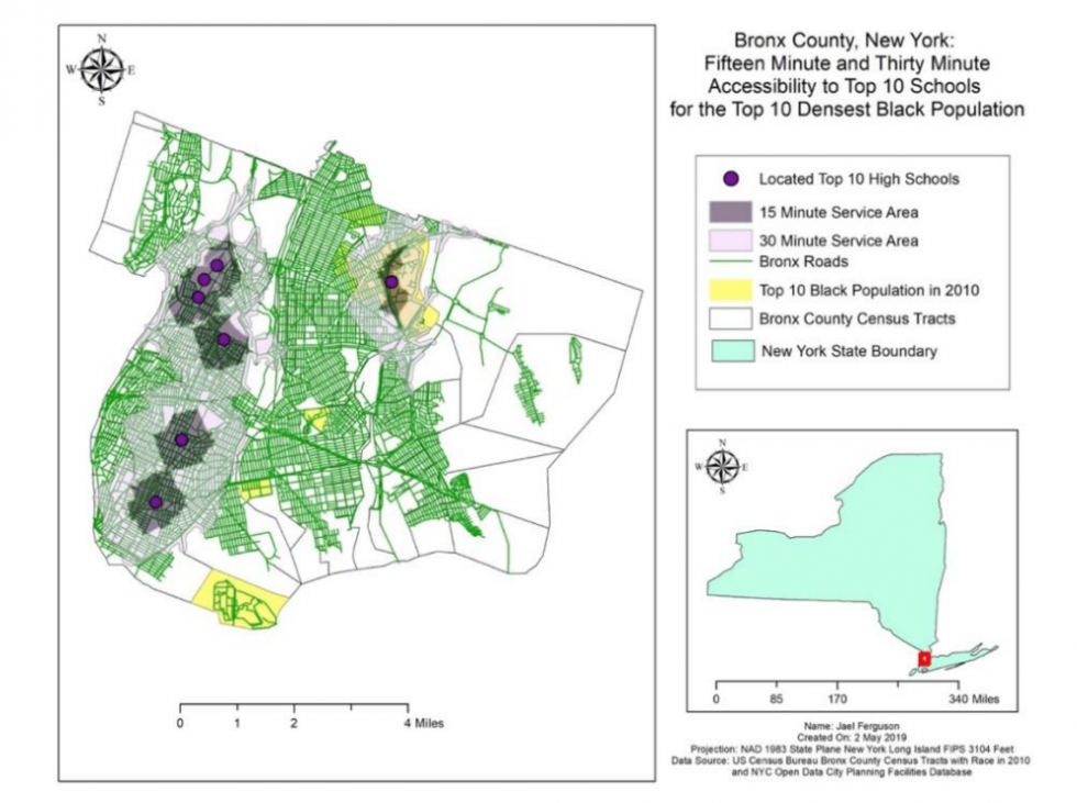 Infographic of Bronx County, New York, with population density markers.