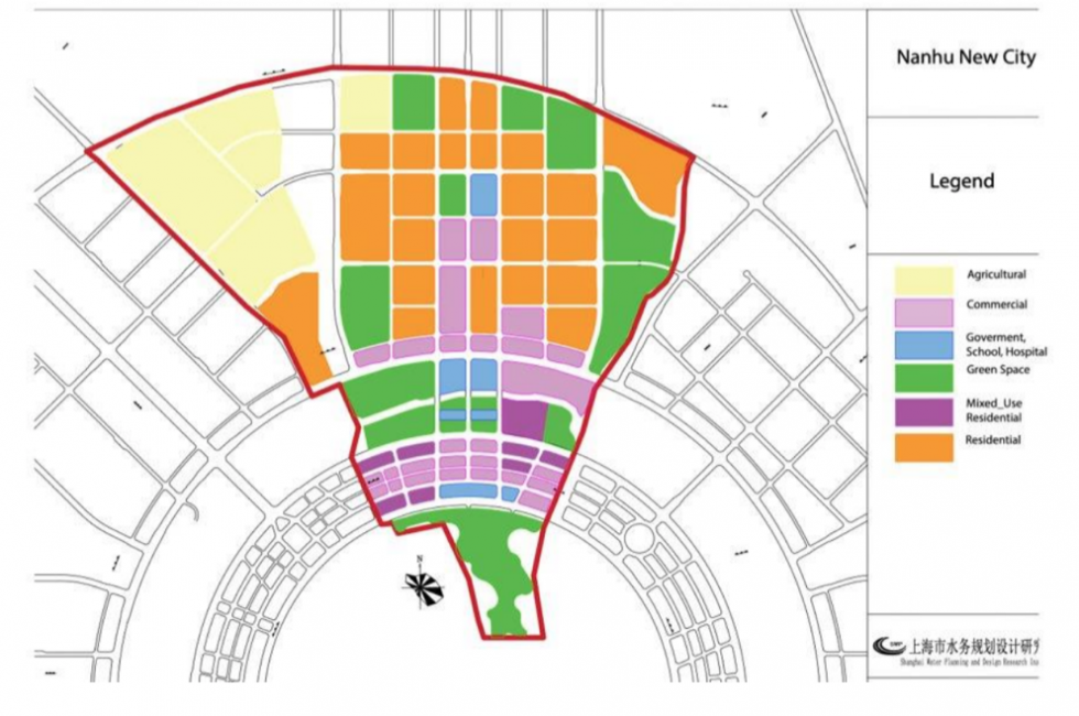 Infographic of Nanhu New City with color-coded swaths for different types of zoning.