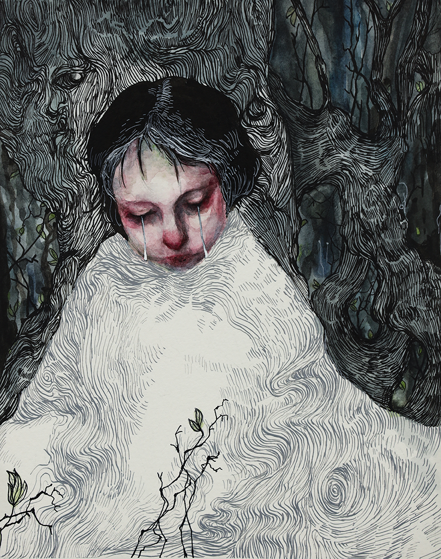 Painting of a person with tears in their eyes, looking downward.