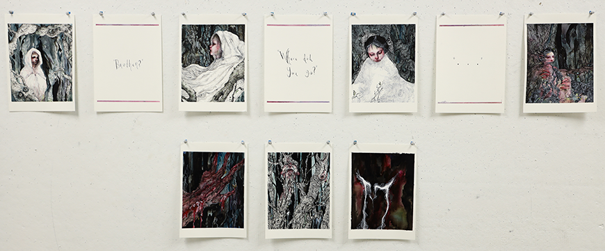 Series of paintings of people interspersed with papers that have words on them, all positioned in a two lines on a wall.