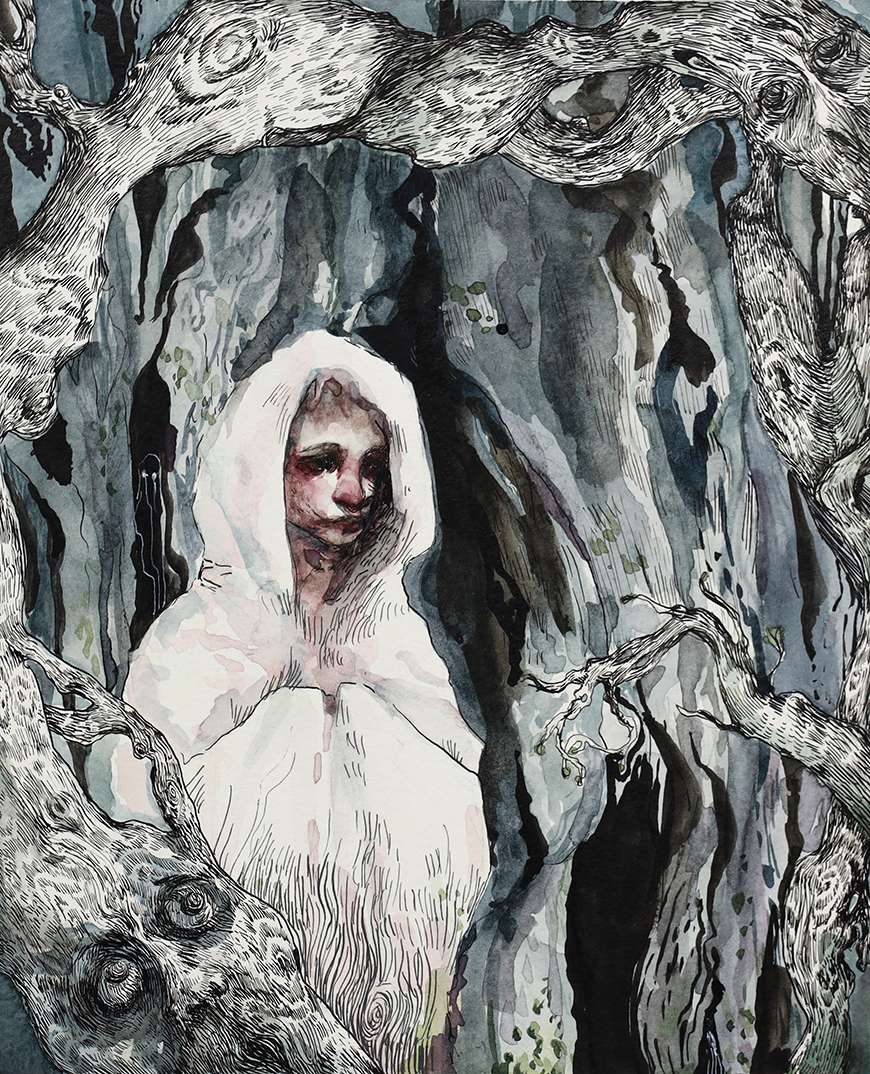 A painting of a person with a hood in a forest.