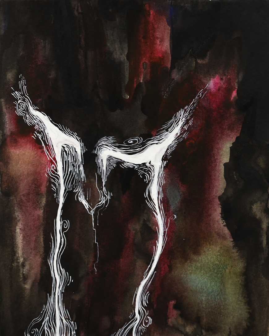 Abstract painting with dark watercolor strokes.