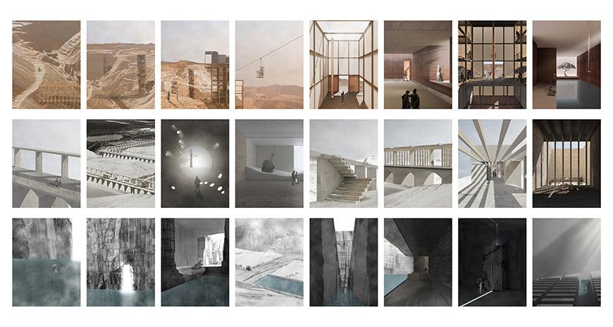 Series of image renderings that explore architecture on rock faces and other architectural elements like arches and staircases.