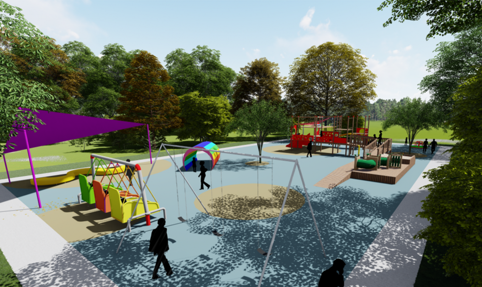 Photo rendering of a park with brightly colored swings for accessible play.