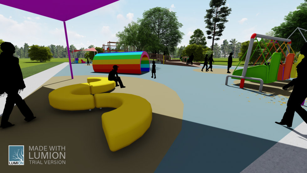 Rendering of a playground with brightly colored equipment including swings, a tunnel, and a seating area.