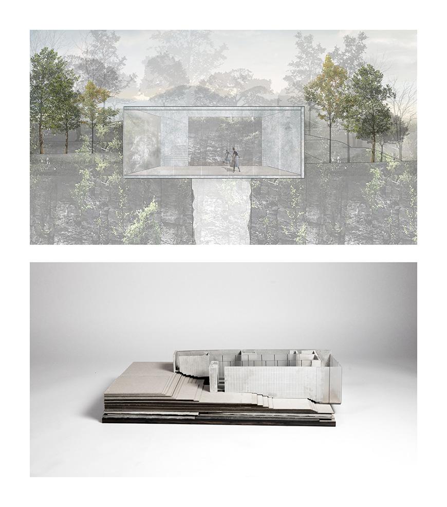Digital rendering of a large glass room in a forest. The image on the bottom is a model that has a building incorporated into a landscape.