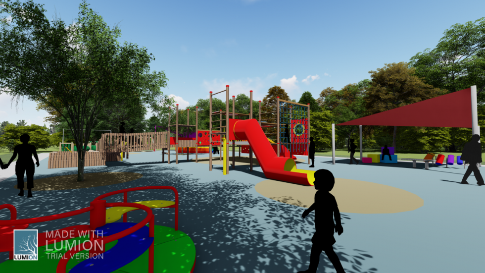 Rendering of a playground with brightly colored equipment including swings, a tunnel, and a seating area.