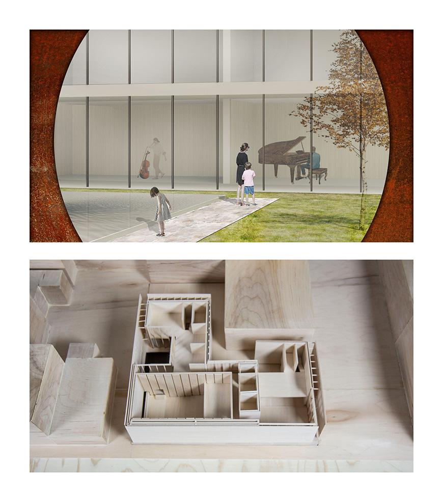 A rendering of a circular window looking on to a building that has musical instruments inside. The bottom image is an architectural model made from wood that has small rooms inside it.