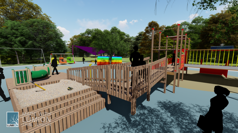 Rendering of a playground with brightly colored equipment including swings, a tunnel, and a seating area.