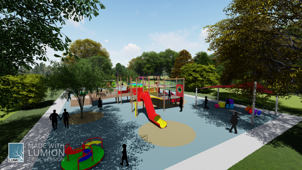 Rendering of a playground with brightly colored equipment including swings, a tunnel, and a seating area.
