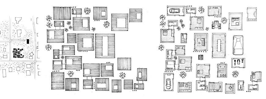 Diagram of many independent, standalone rooms that include bedrooms, dining rooms, and garages.