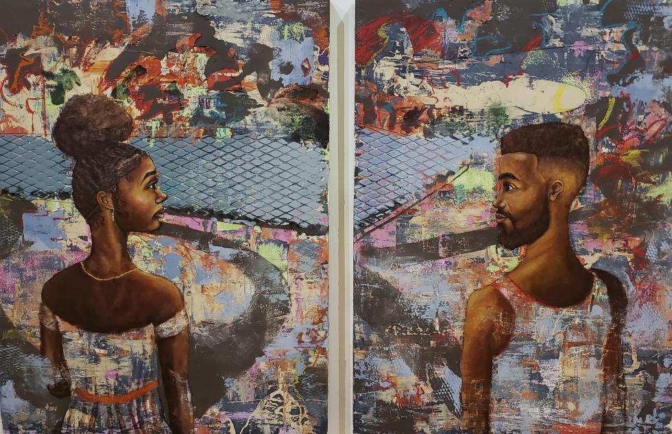 Two paintings of people looking at each other.
