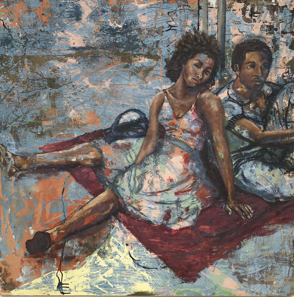 Painting of two people sitting on a red blanket.