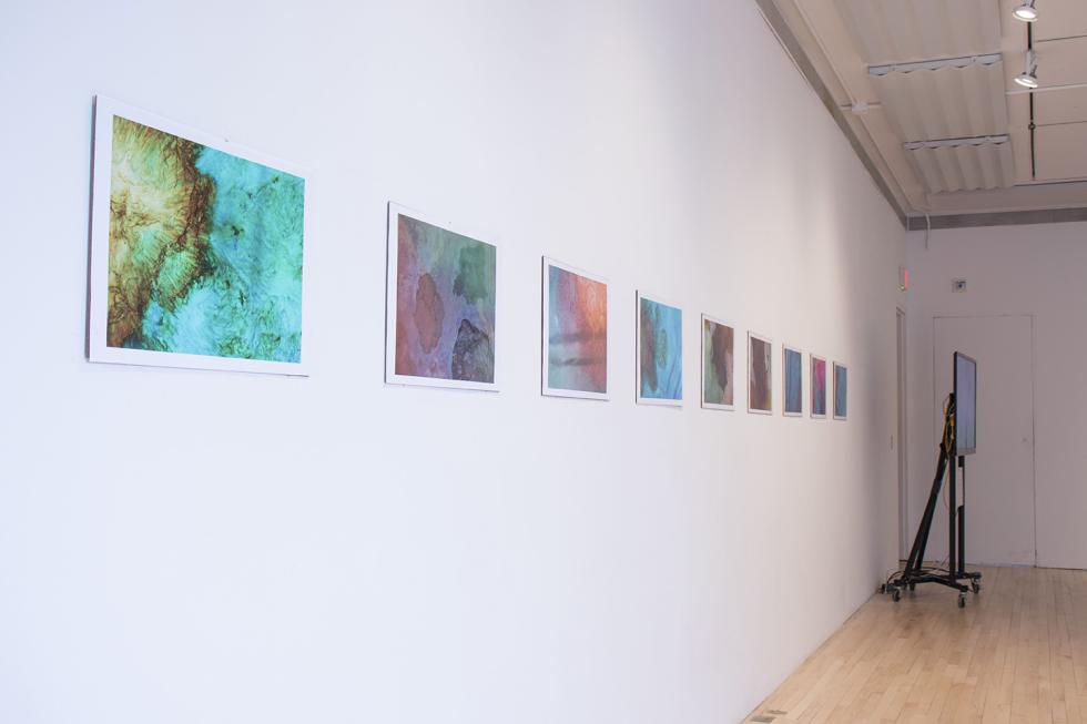 A row of photographs of natural dyes with a television in the background.