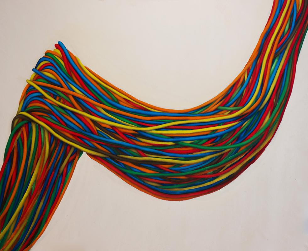 A painting of a swag of colorful ropes.