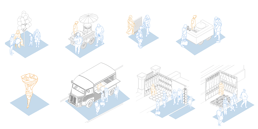 Eight renderings of people engaging with vendors in various scenarios.