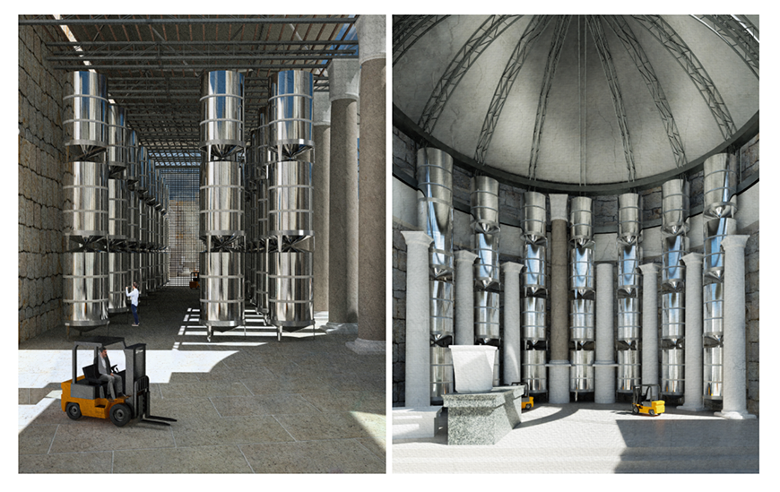 Two renderings of a a dome shaped building filled with industrial olive oil containers.