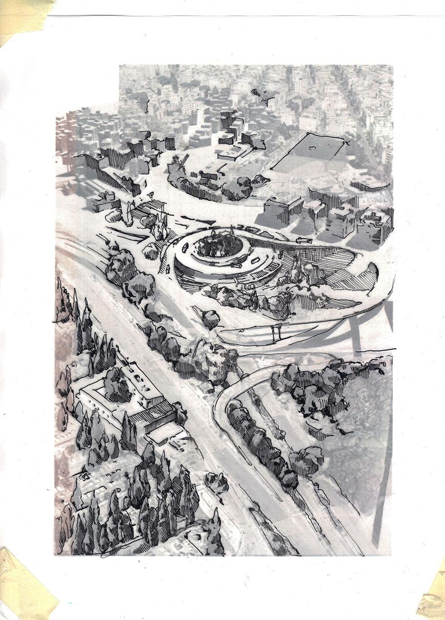A drawing of an industrial center with trees and a circular building.