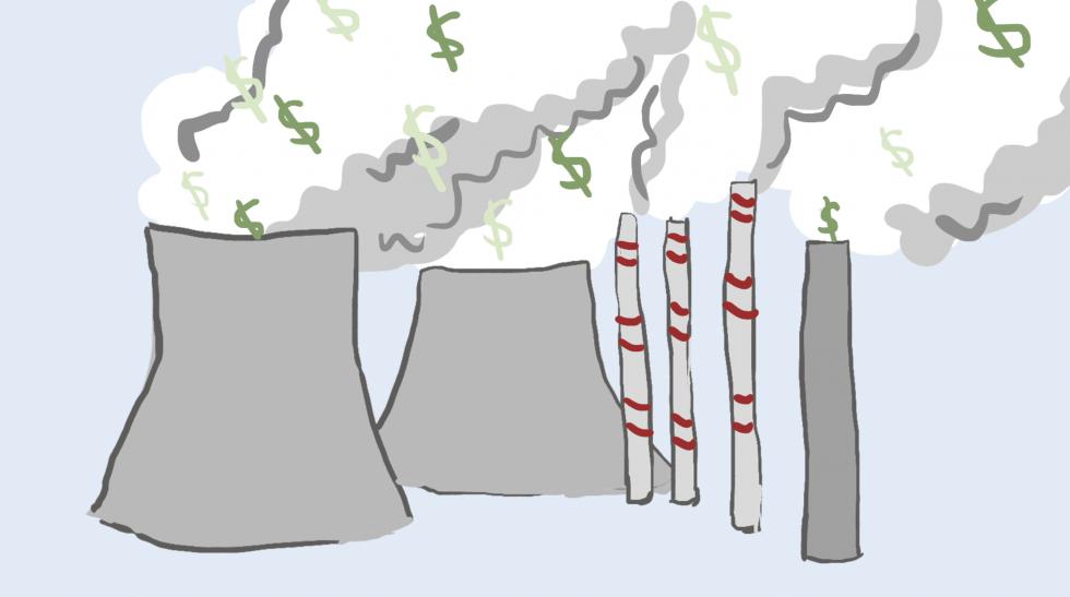 A digital drawing of smoke stacks with money symbols.