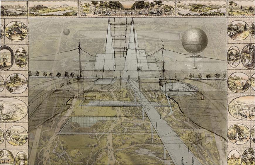 Artistic rendering of a map with a raised platform path.