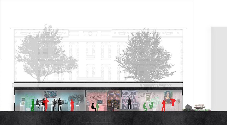 A rendering of people standing in front of a building mural.