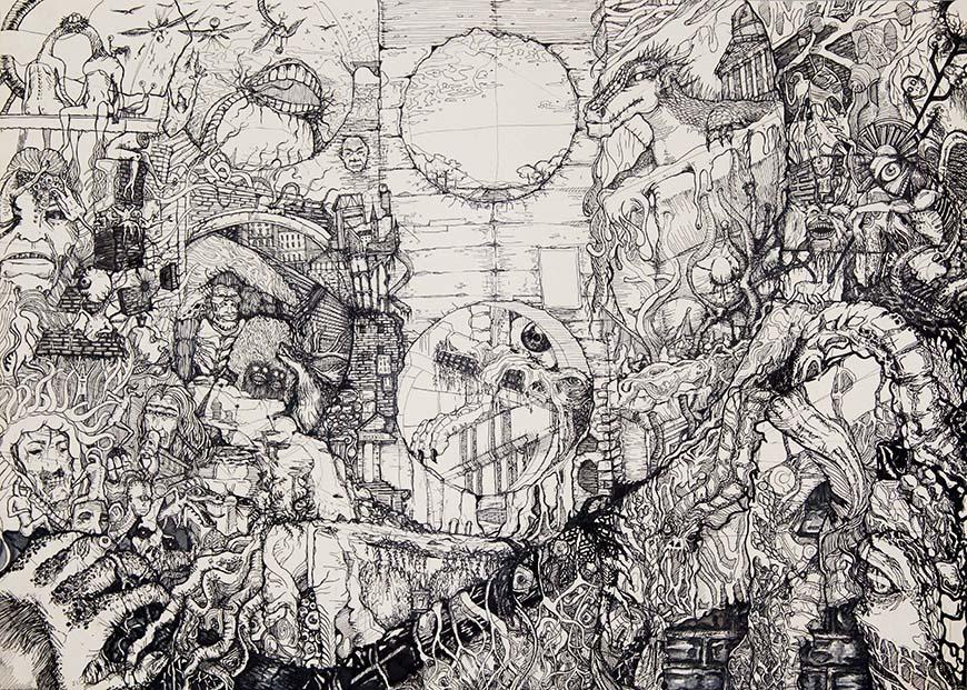 Artistic drawing collage in pencil featuring numerous objects, shapes, and people.