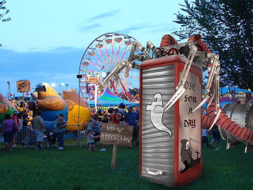 A rendering of a circus fair with a storage box in the grass.