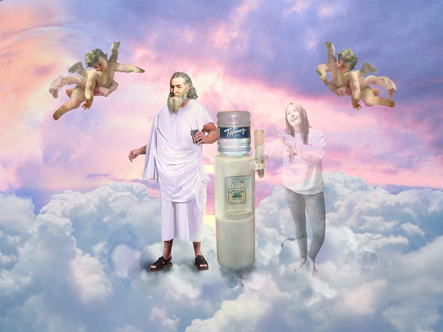 A cloud scene with two people gathered around a water cooler.