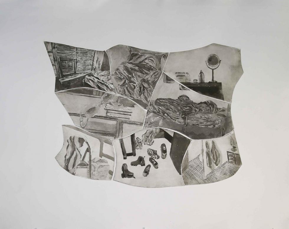 A series of image vignettes of home life, including a bed, dresser, shoes, and coats.