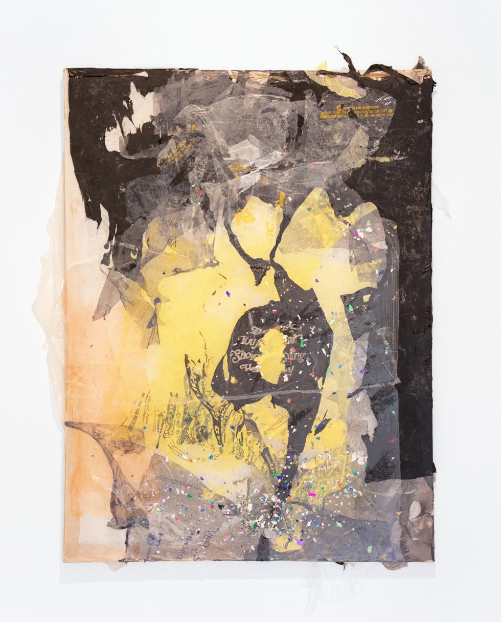 A multimedia artwork with yellow, peach, gray, and black abstract shapes.