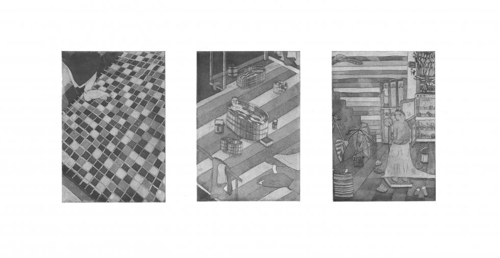 Three grayscale drawings of a bathroom in a residential house.