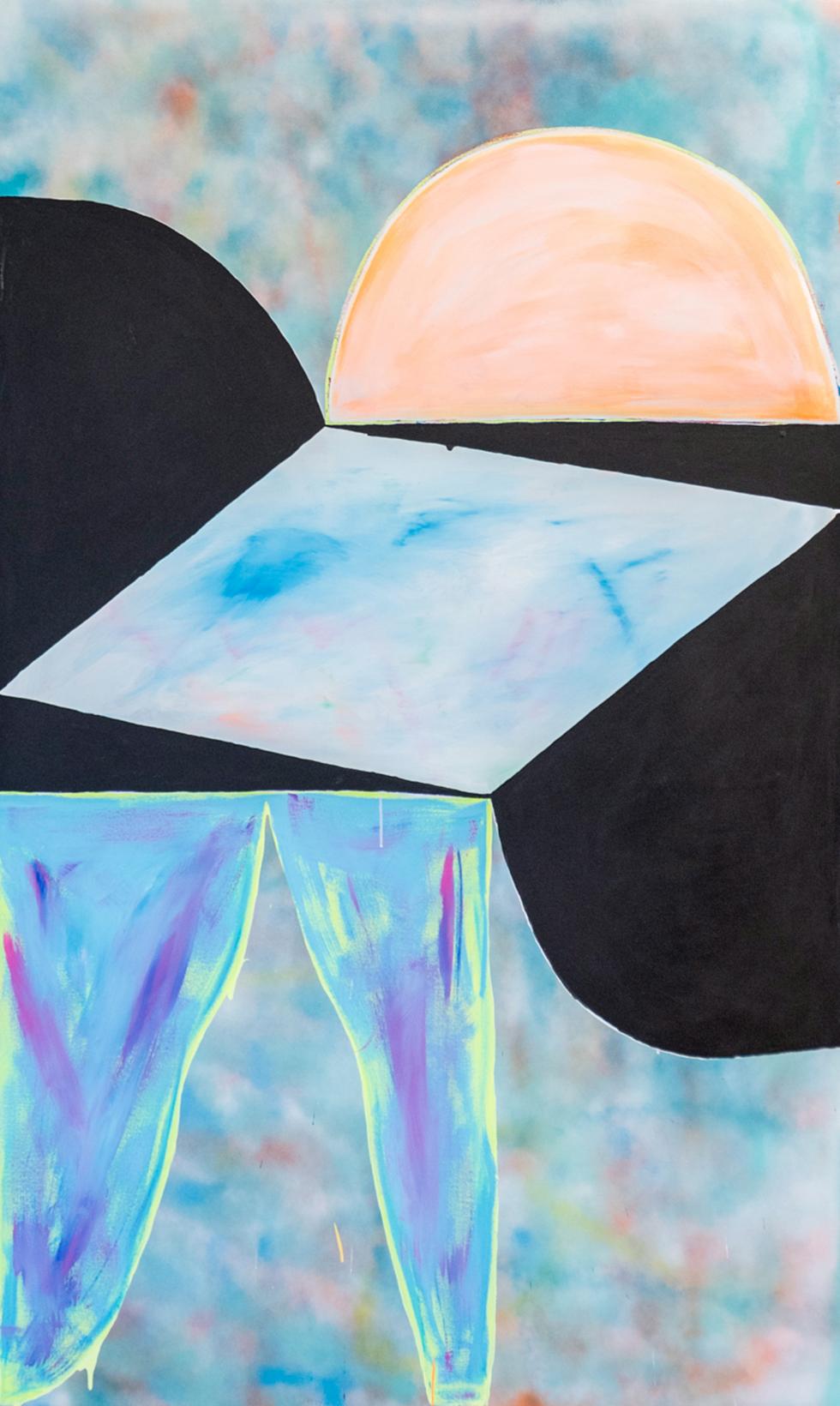 Abstract painting with black and peach colored shapes with iridescent blue shapes on top.