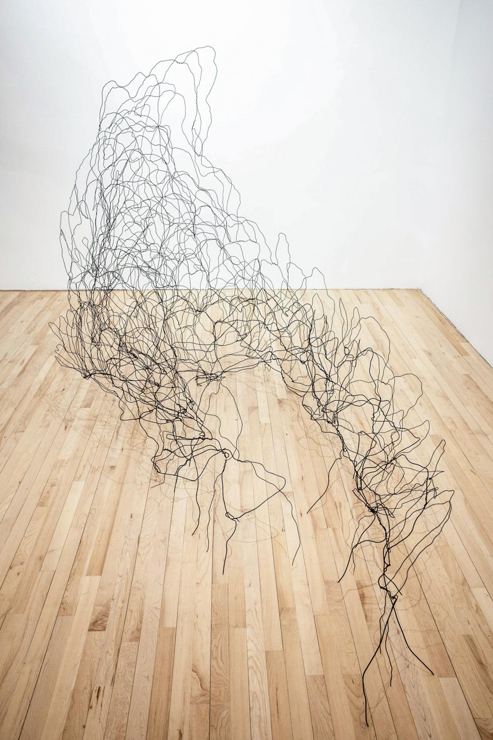 A steel metal wire is twisted into a large sculpture, sitting in an empty gallery.