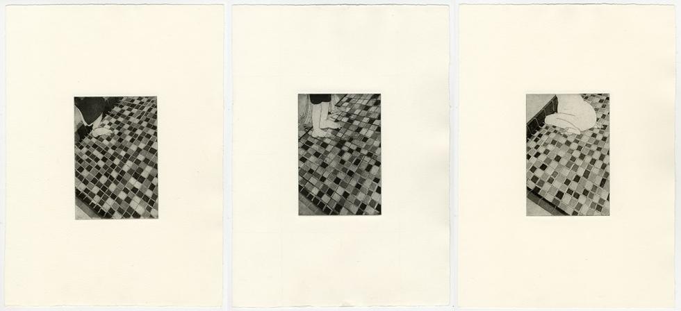 Three drawings of a bathroom floor with the lower half of a person near the top half of each drawing.