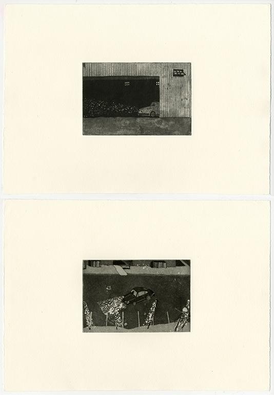 Two drawings, one with a car inside a barn, and one with a car on a street.