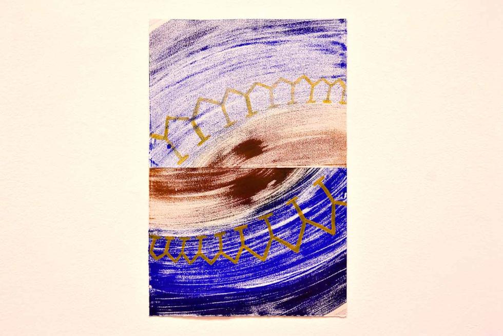 An abstract painting with purple curved lines and golden geometric shapes.