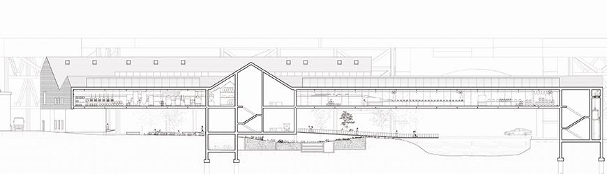 Section rendering of an architectural model that illustrates the interior of the building.