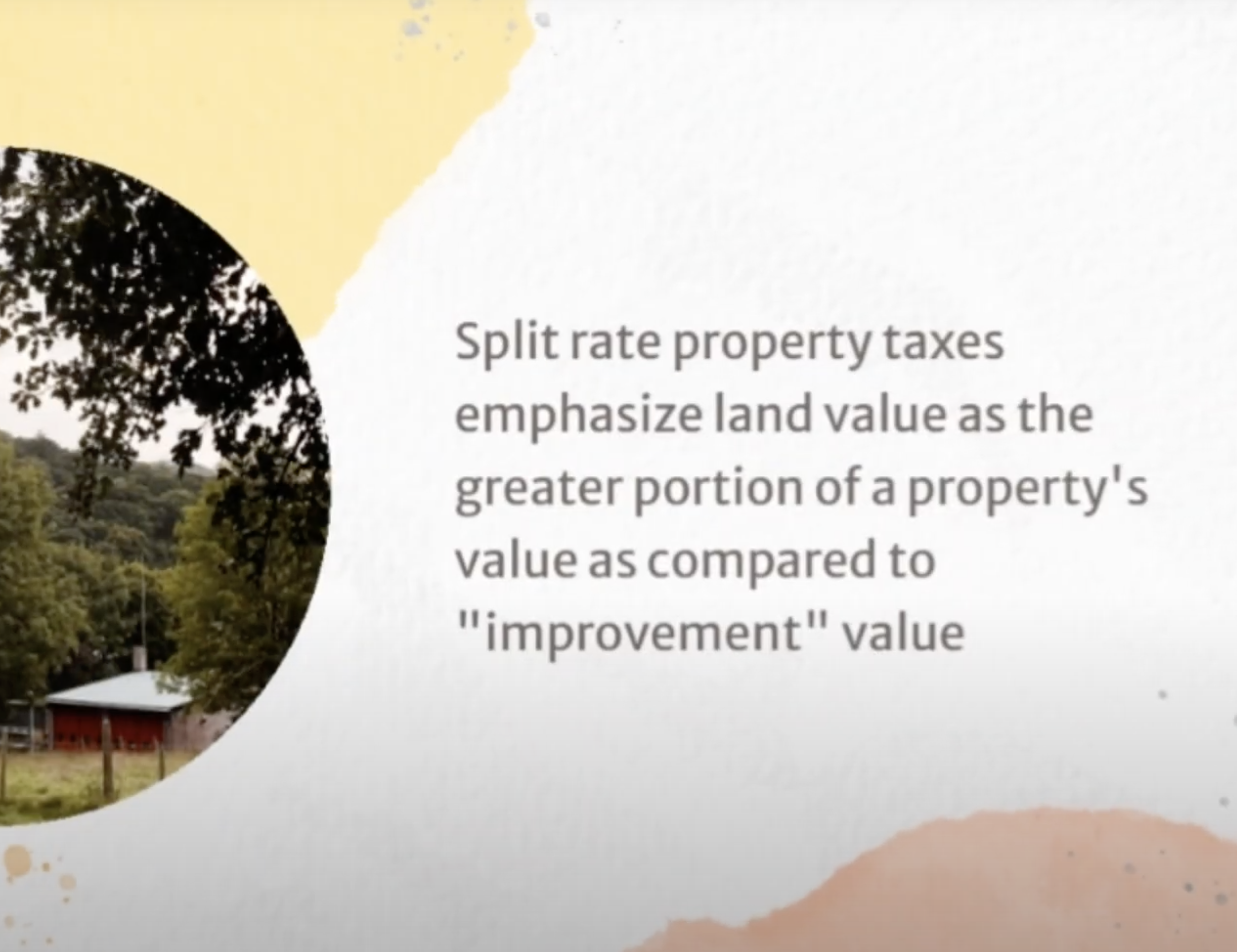 Screenshot of a video with a barn image in the corner and white, pink, and yellow background with gray text.