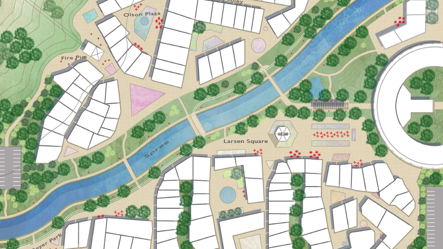 Rendering of a neighborhood center with a tree lined creek.