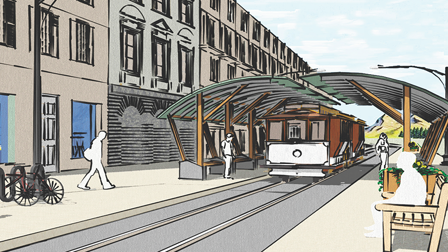 Rendering of a train station with people waiting for the train.