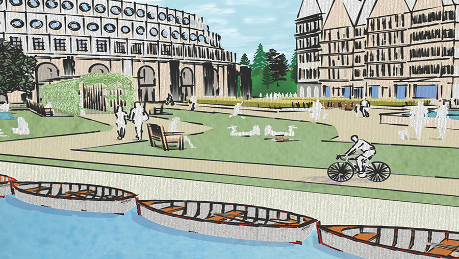 Rendering of a a park with a canal and people sitting on the grass.