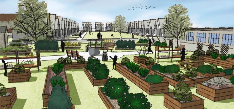 Rendering of a community garden with raised garden beds and people walking among the garden.