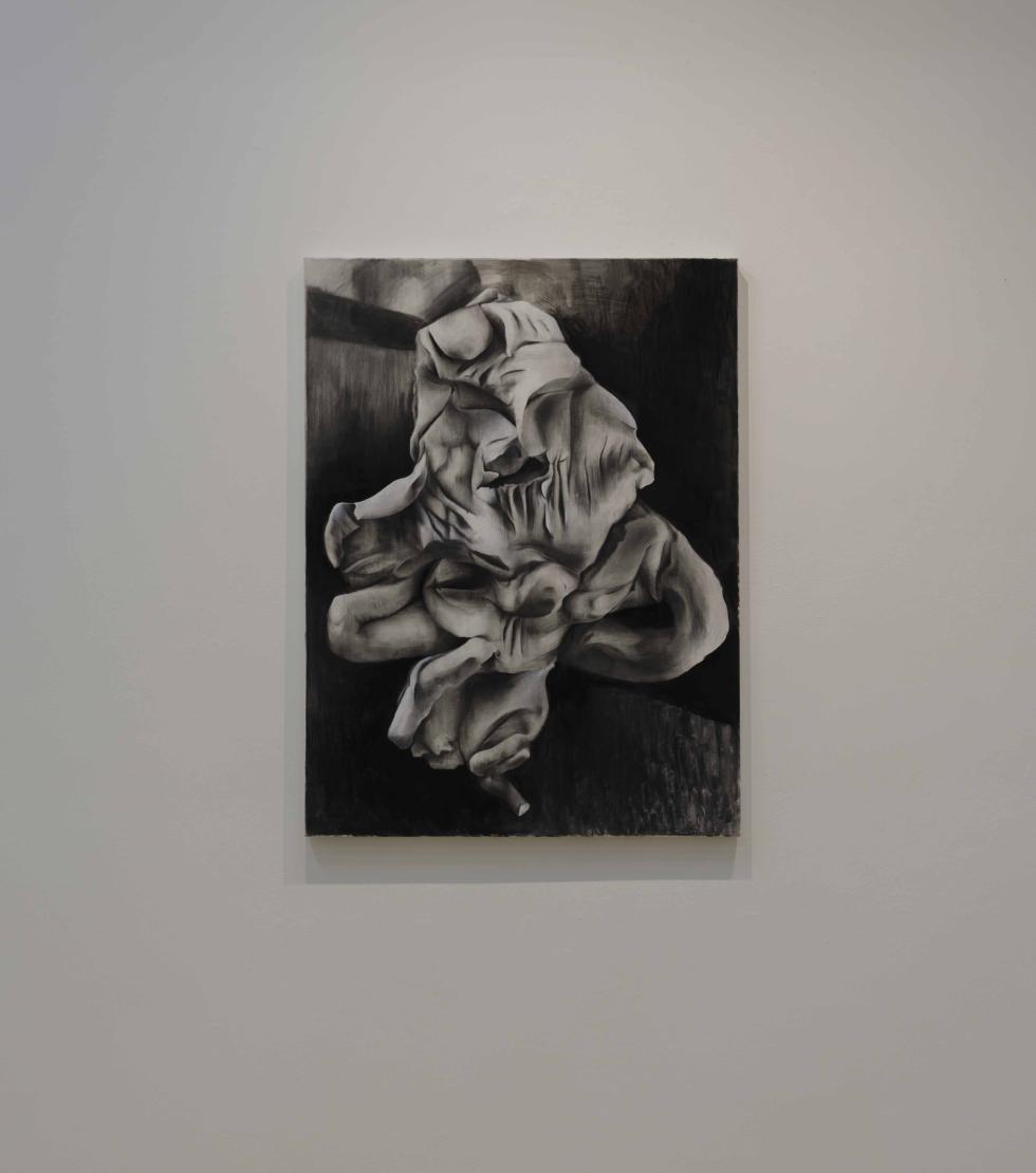 Abstract charcoal and oil painting in gray and black.