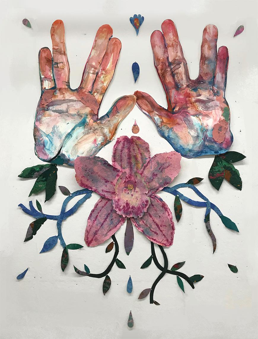 Painting of two hands with a flower in mixed media.