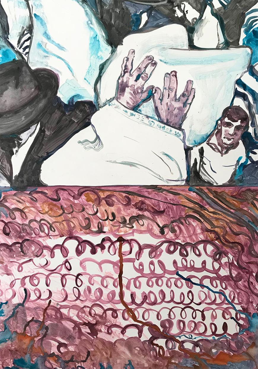 Painting of a person holding a pillow with red squiggly lines on the bottom of the painting.