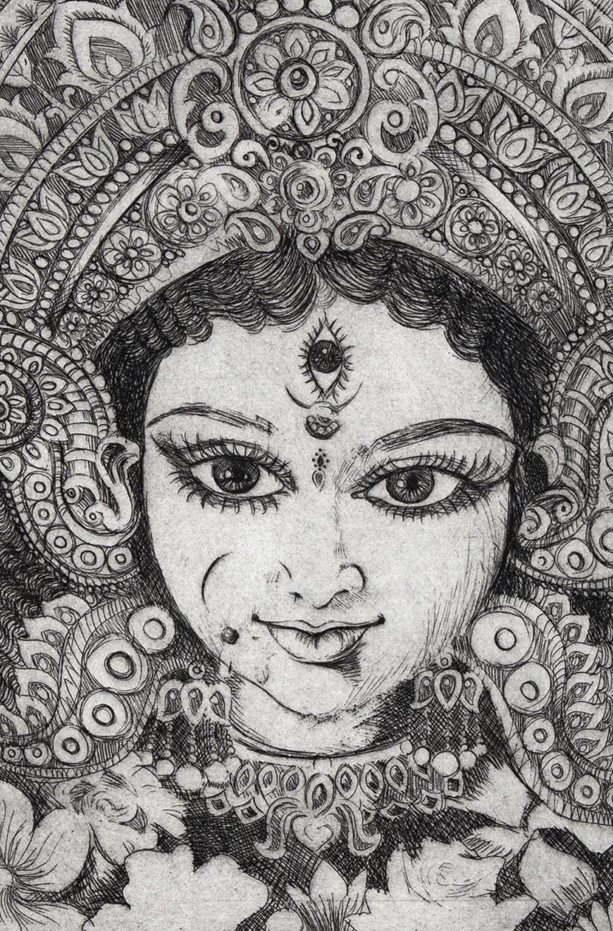 Drawing of a person with an ornate head decoration.