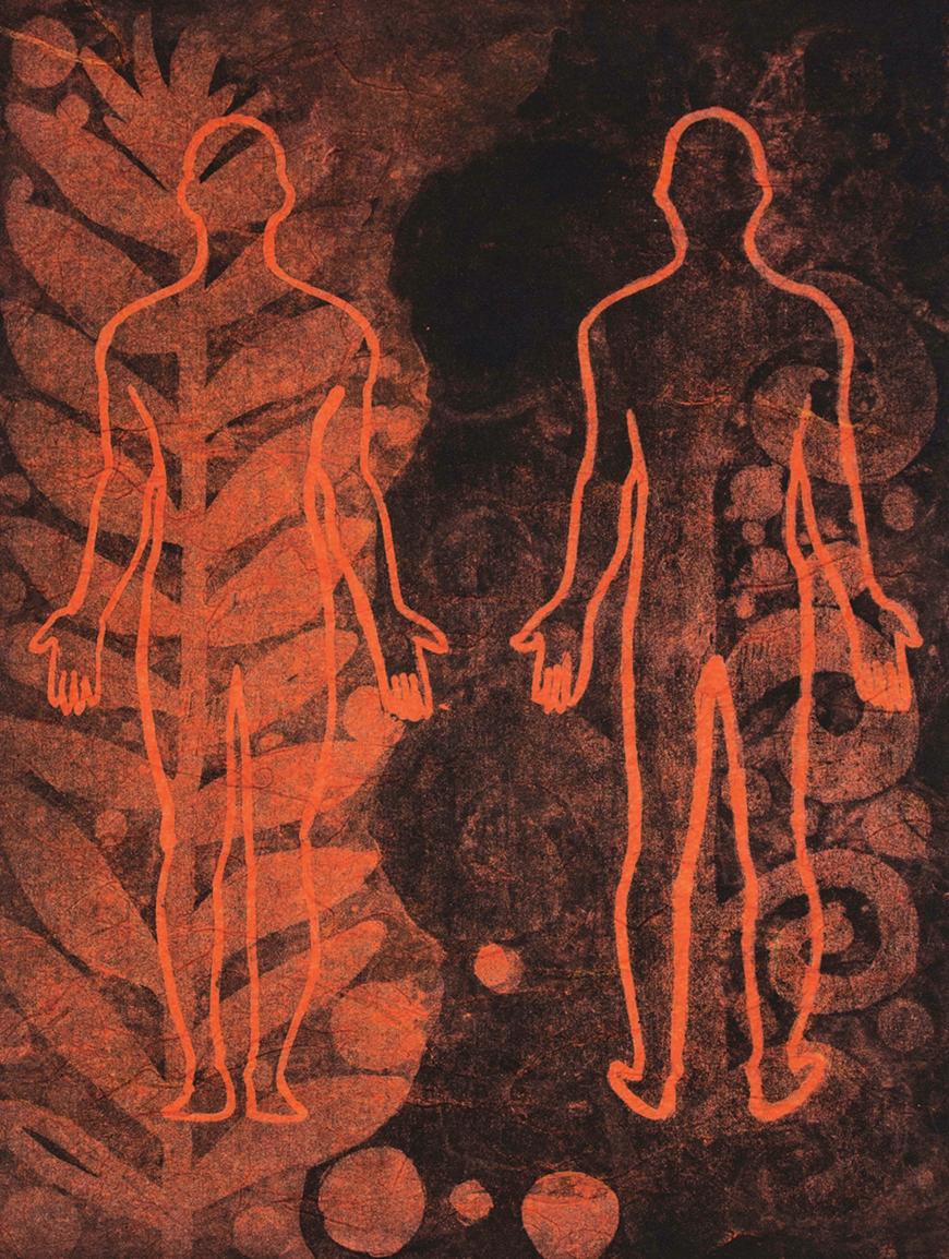 Artwork with two human body outlines on a floral orange background.