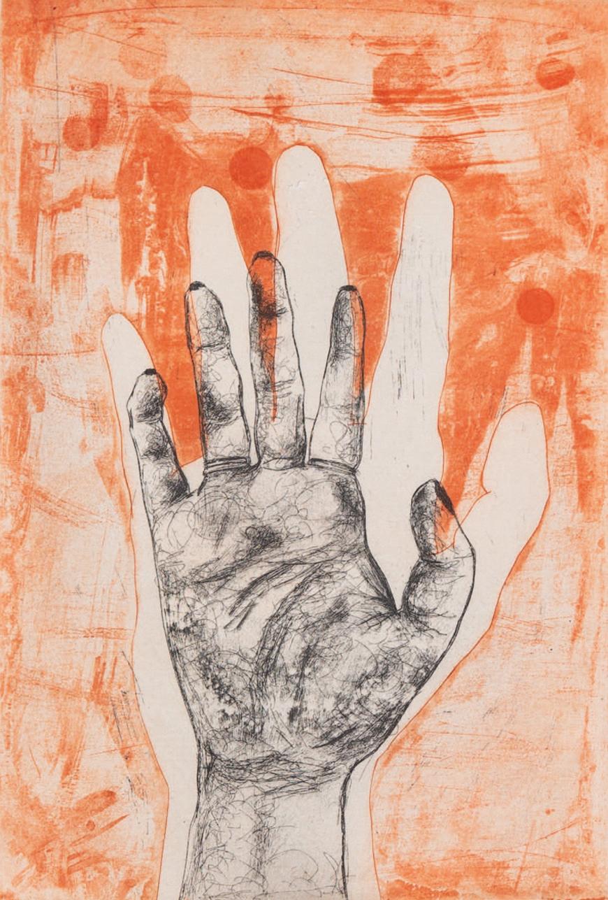 Drawing of a hand on an orange background.