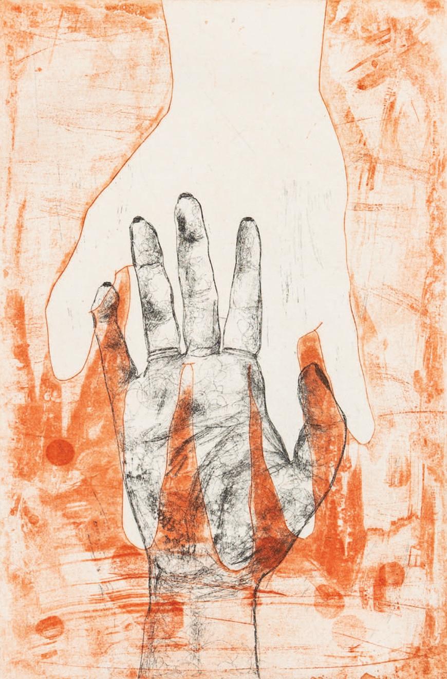 Drawing of a hand on an orange background.