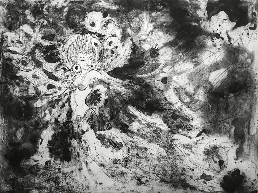 Drawing of a person looking down with splotches of black throughout the canvas.